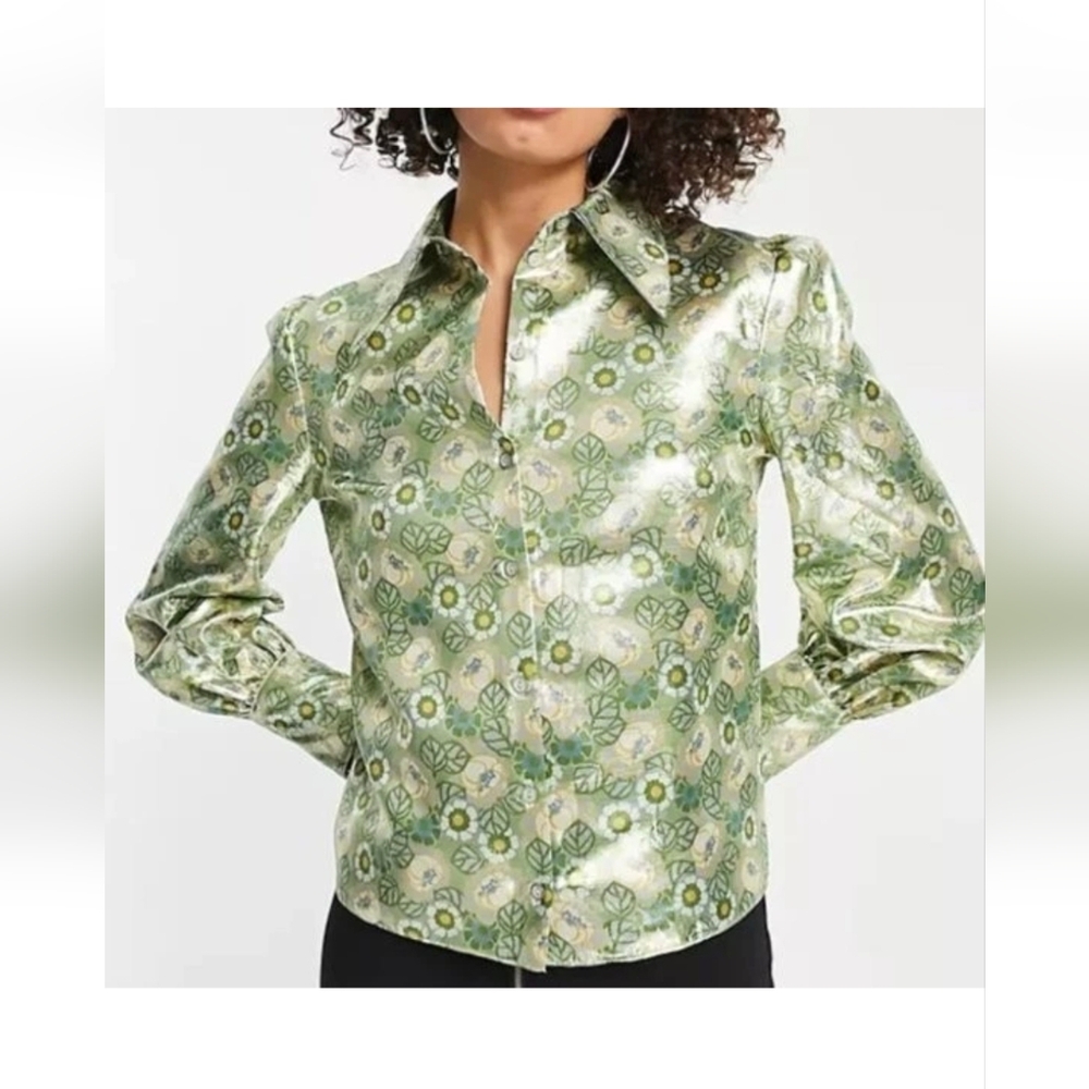 Topshop Metallic Floral Shirt 4 Button Down 70s Groovy Flower Child City #11